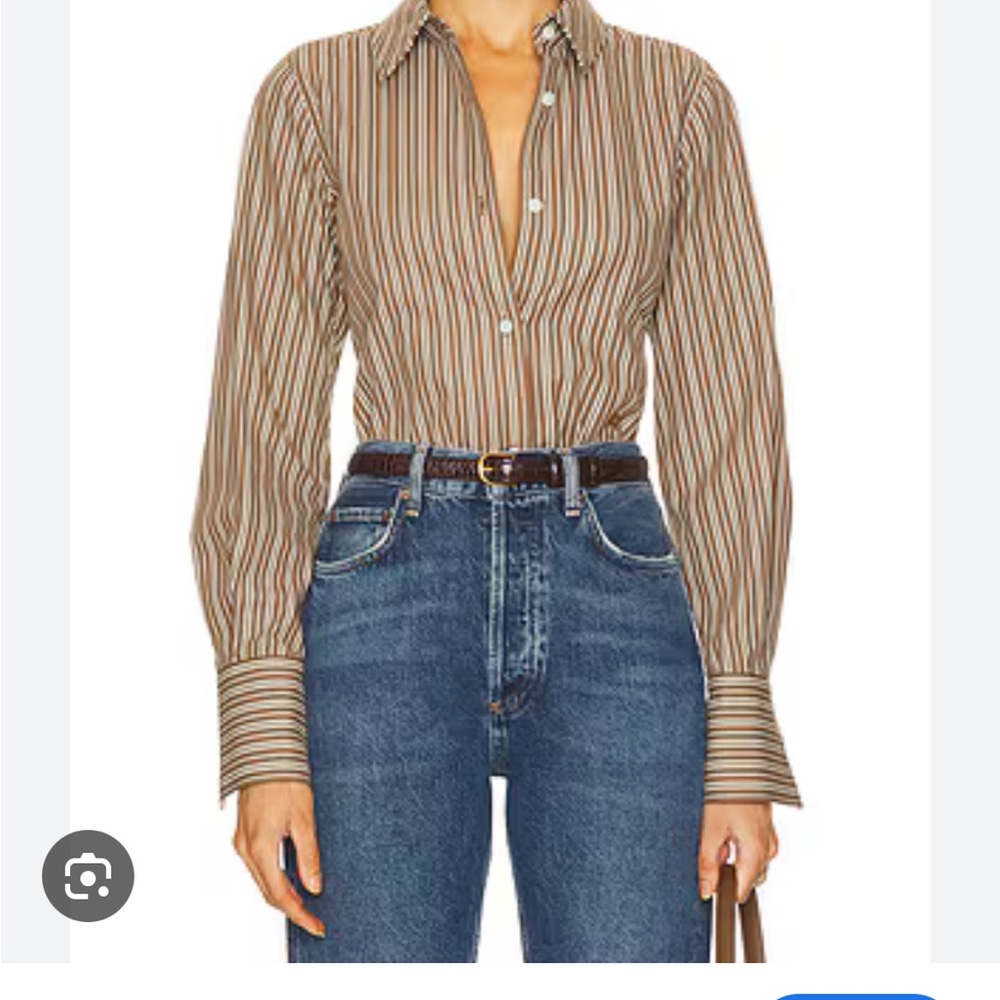 Tan and White Long Sleeve Fitted Button Down Shirt